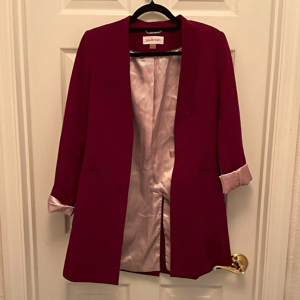 Calvin Klein Women's Raspberry Open Front Long Jacket, Lined Pockets, Size 4